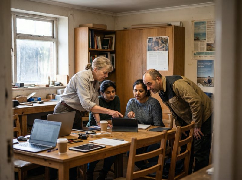 Four people work together at a table with laptops