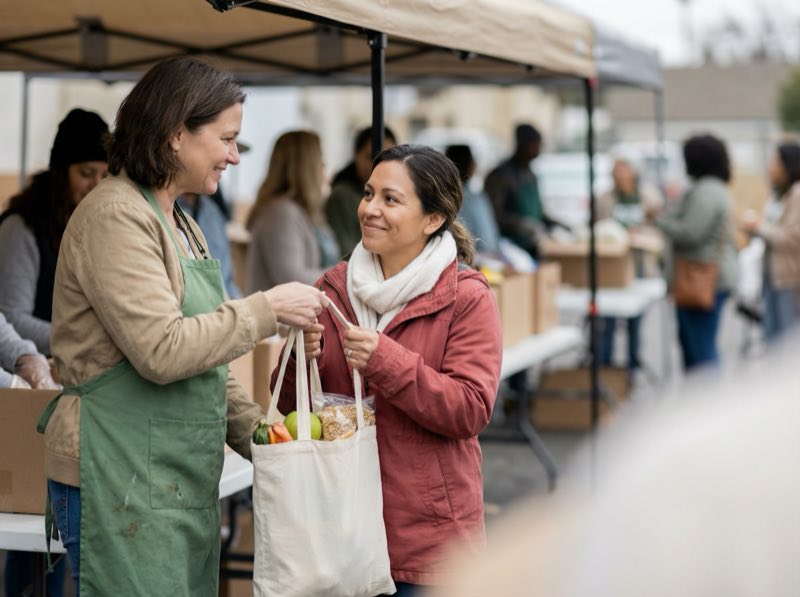 A volunteer gives a bag of food to a woman at an outdoor food table